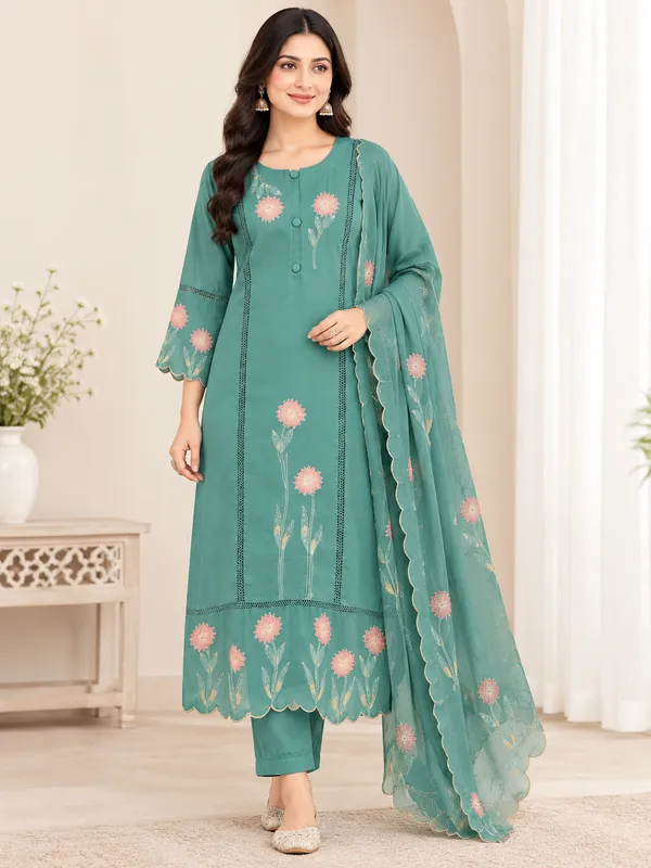 Teal_Cotton_Silk_Embroidered_Straight_Kurta_Suit_Set_For_Women