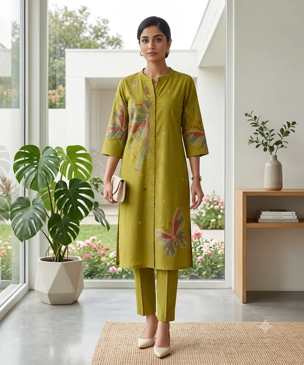 Mustard_Khadi_Embroidered_Straight_Kurta_Set_For_Women