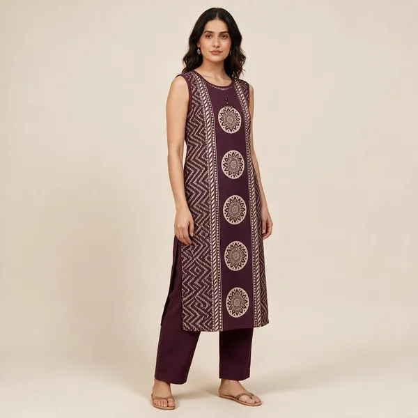 Maroon_Silk_Sleeveless_Straight_Kurta_Set_For_Women
