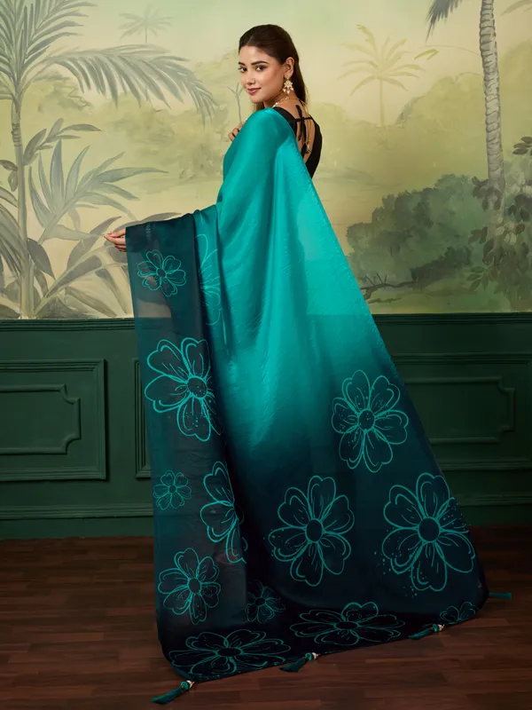 Teal_Satin_Floral_Print_Saree_For_Women