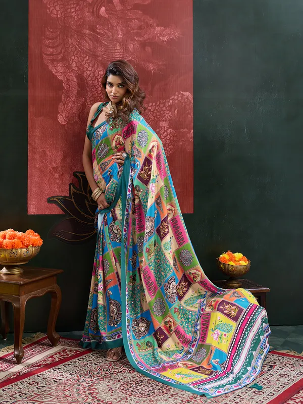 Teal_Crepe_Silk_Printed_Ethnic_Saree_For_Women