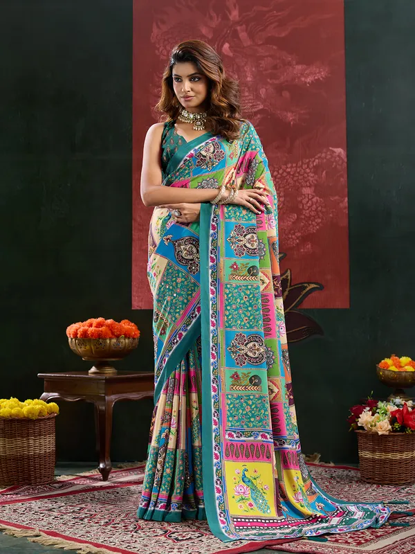 Teal_Crepe_Silk_Printed_Ethnic_Saree_For_Women