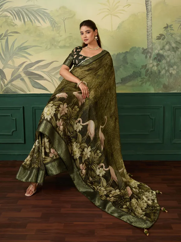 Olive_Jacquard_Floral_Print_Saree_For_Women