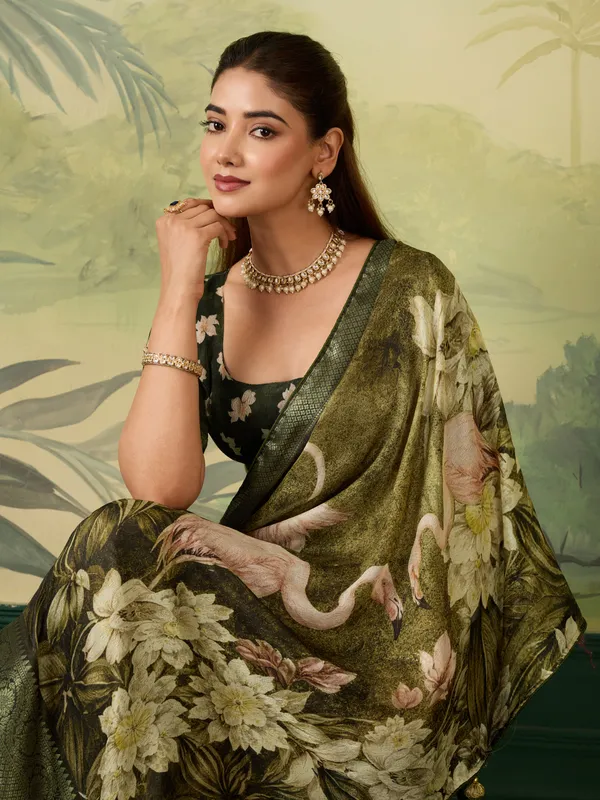 Olive_Jacquard_Floral_Print_Saree_For_Women