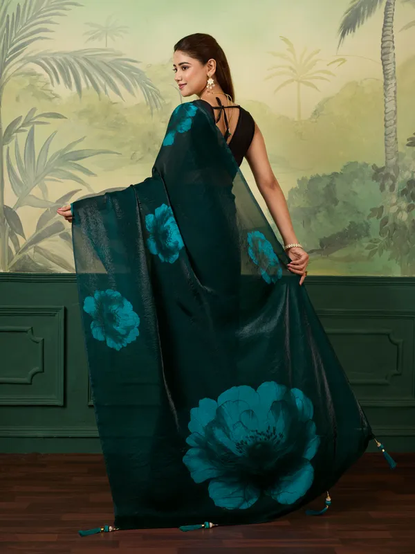 Teal_Green_Satin_Floral_Print_Saree_For_Women