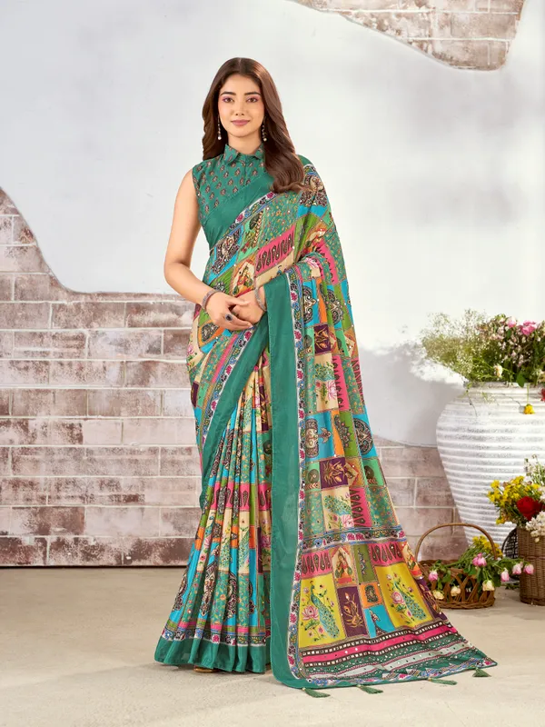 Green_Chinon_Paisley_Floral_Print_Saree_For_Women