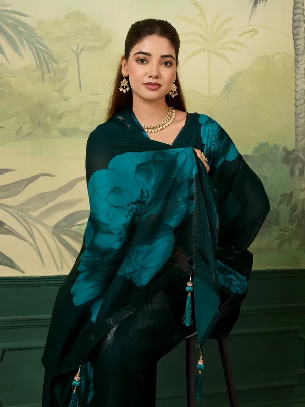 Teal_Green_Satin_Floral_Print_Saree_For_Women