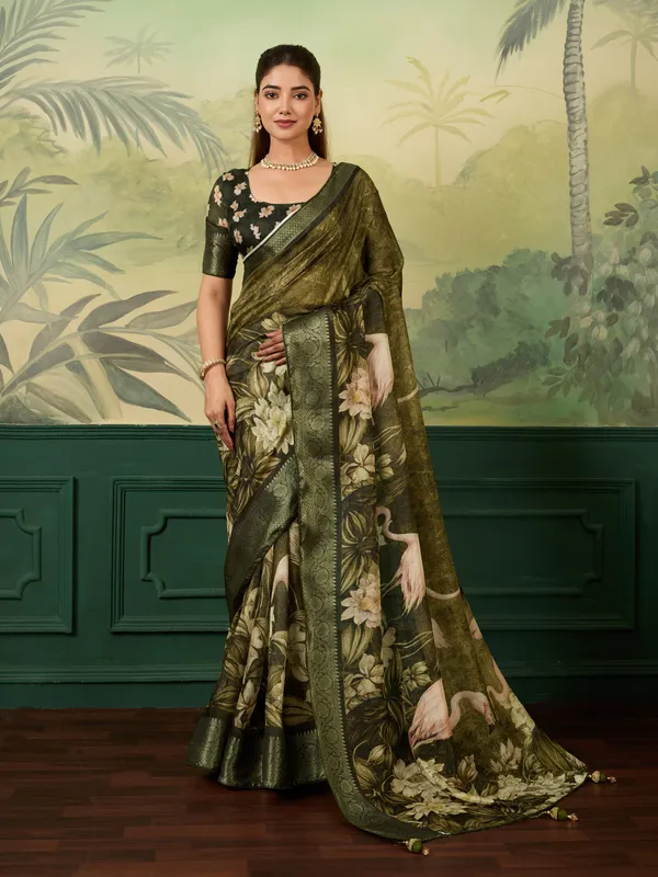 Olive_Jacquard_Floral_Print_Saree_For_Women