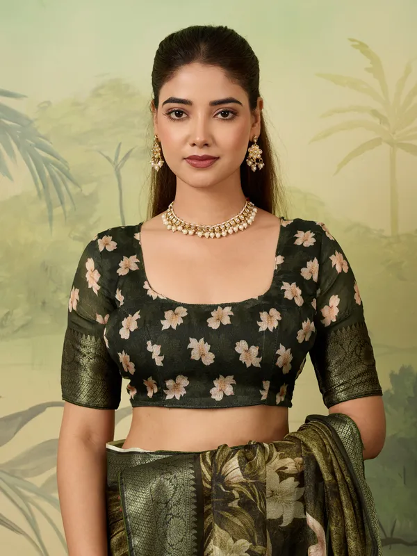 Olive_Jacquard_Floral_Print_Saree_For_Women