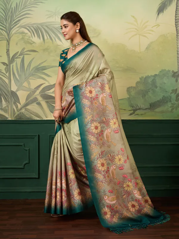 Beige_Heavy_Tussar_Silk_Floral_Bird_Print_Saree_For_Women