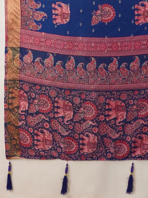 Blue_Jacquard_Butti_Floral_Paisley_Print_Saree_For_Women