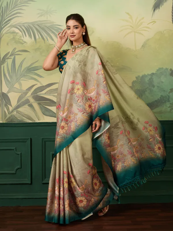 Beige_Heavy_Tussar_Silk_Floral_Bird_Print_Saree_For_Women