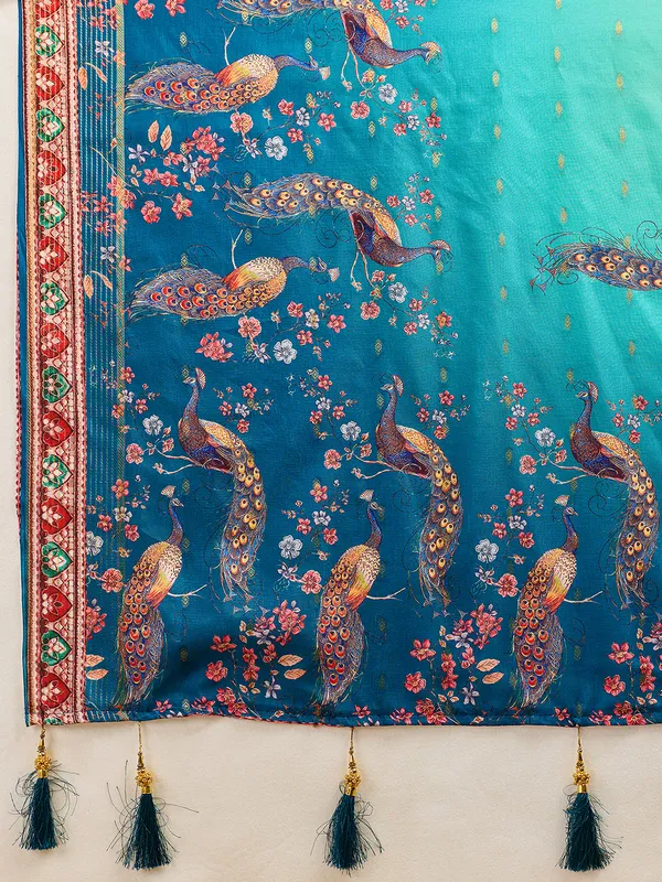 Teal_Jacquard_Butti_Floral_Peacock_Print_Saree_For_Women