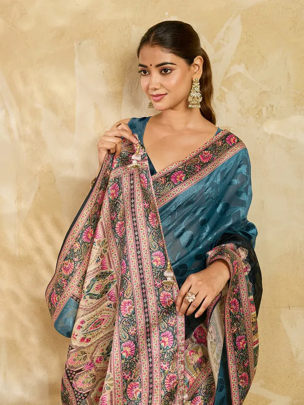Teal_Blue_Brasso_Ethnic_Print_Saree_For_Women