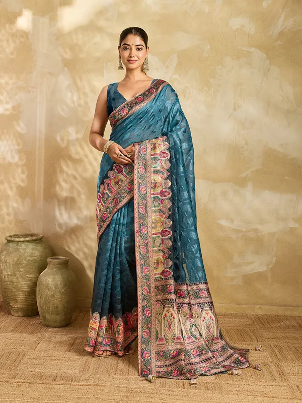 Teal_Blue_Brasso_Ethnic_Print_Saree_For_Women