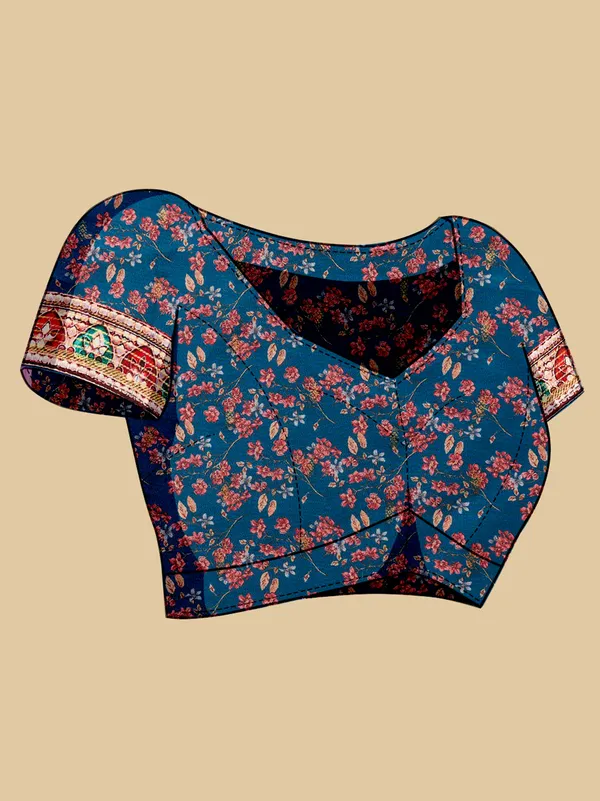 Teal_Jacquard_Butti_Floral_Peacock_Print_Saree_For_Women