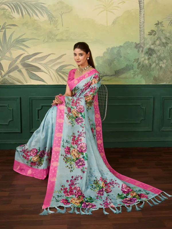 Light_Blue_Jacquard_Floral_Print_Saree_For_Women