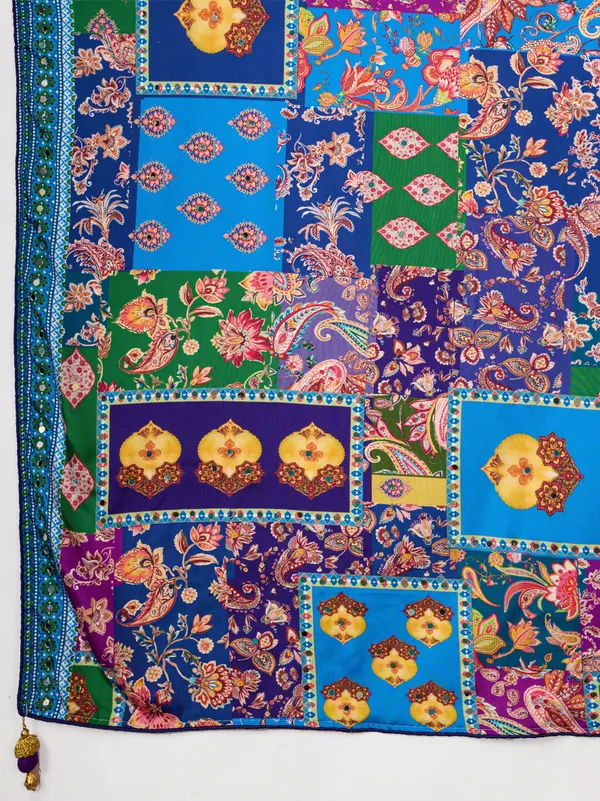 Blue_Chinon_Floral_Printed_Saree_With_Unstitched_Blouse_For_Women