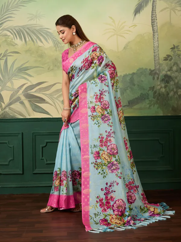 Light_Blue_Jacquard_Floral_Print_Saree_For_Women