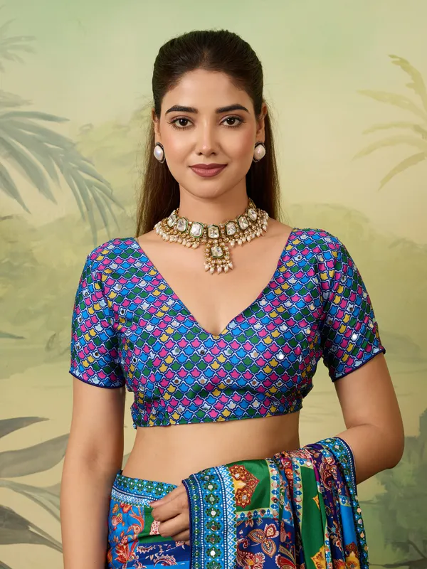 Blue_Chinon_Floral_Printed_Saree_With_Unstitched_Blouse_For_Women