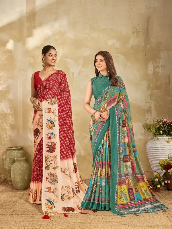 Red_And_Green_Chinon_Geometric_Printed_Saree_For_Women_Pack_Of_2