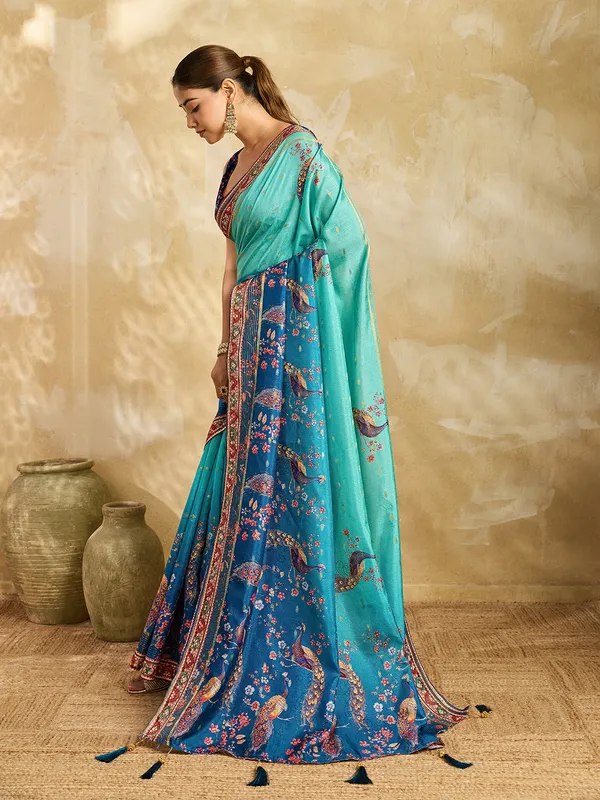 Teal_Jacquard_Butti_Floral_Peacock_Print_Saree_For_Women