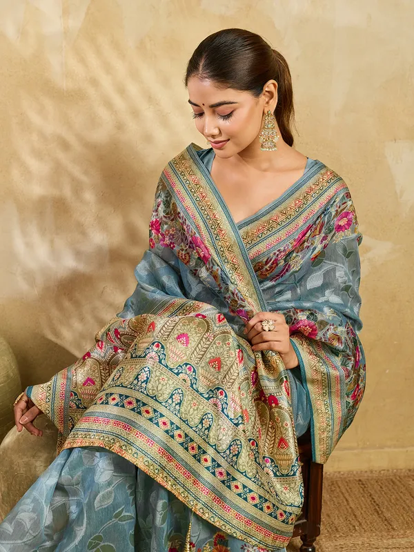 Blue_Brasso_Floral_Print_Saree_For_Women