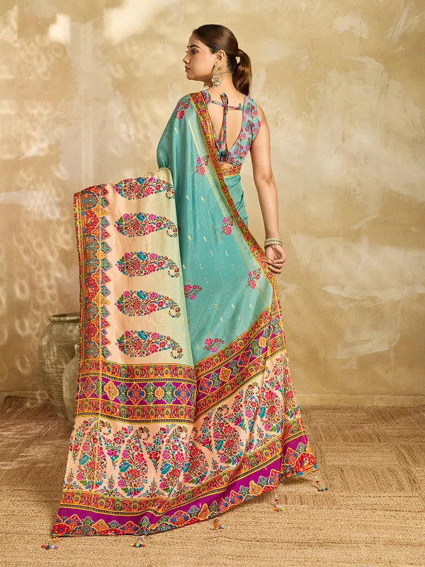 Teal_Jacquard_Butti_Floral_Printed_Saree_For_Women