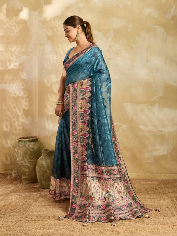 Teal_Blue_Brasso_Ethnic_Print_Saree_For_Women
