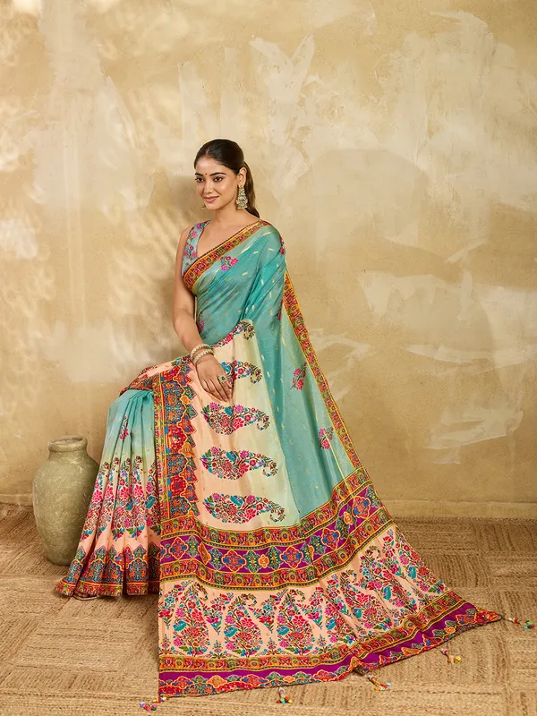 Teal_Jacquard_Butti_Floral_Printed_Saree_For_Women
