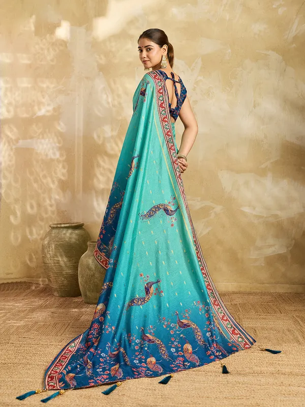 Teal_Jacquard_Butti_Floral_Peacock_Print_Saree_For_Women