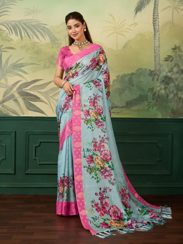 Light_Blue_Jacquard_Floral_Print_Saree_For_Women