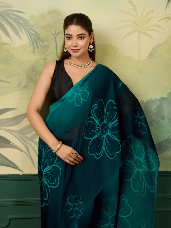 Teal_Satin_Floral_Print_Saree_For_Women