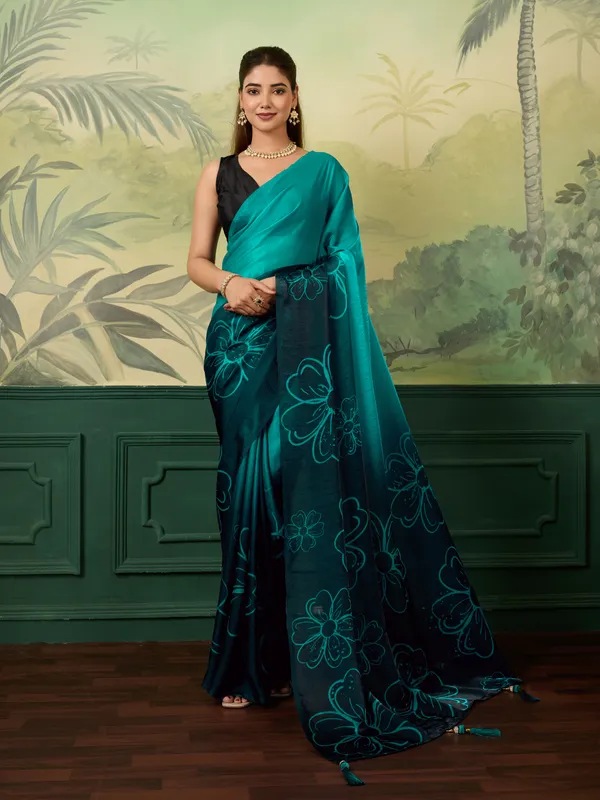 Teal_Satin_Floral_Print_Saree_For_Women