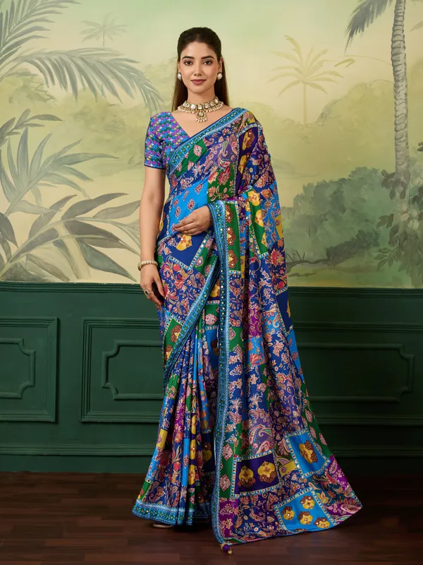 Blue_Chinon_Floral_Printed_Saree_With_Unstitched_Blouse_For_Women