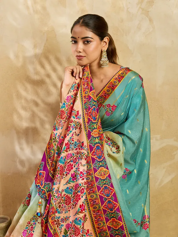 Teal_Jacquard_Butti_Floral_Printed_Saree_For_Women