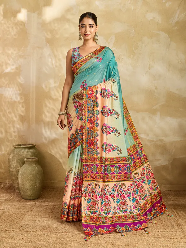 Teal_Jacquard_Butti_Floral_Printed_Saree_For_Women