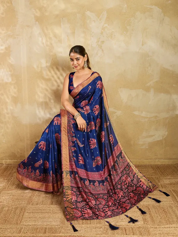 Blue_Jacquard_Butti_Floral_Paisley_Print_Saree_For_Women