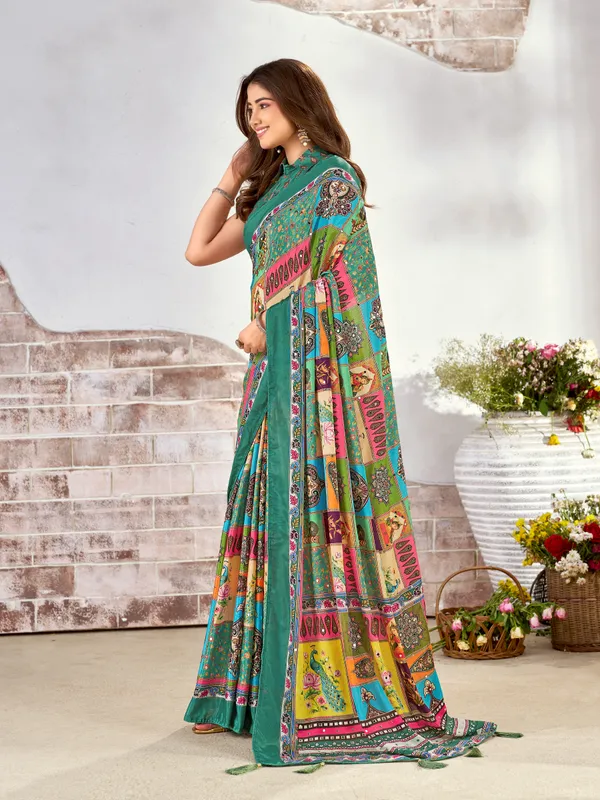 Green_Chinon_Paisley_Floral_Print_Saree_For_Women