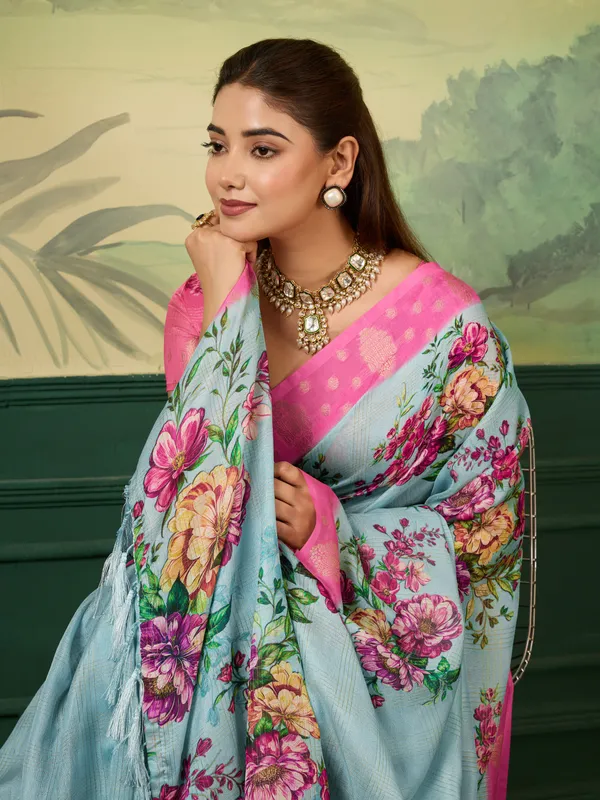 Light_Blue_Jacquard_Floral_Print_Saree_For_Women