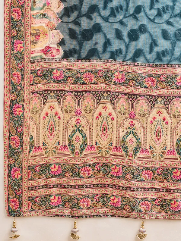 Teal_Blue_Brasso_Ethnic_Print_Saree_For_Women