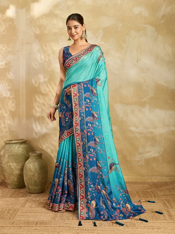 Teal_Jacquard_Butti_Floral_Peacock_Print_Saree_For_Women