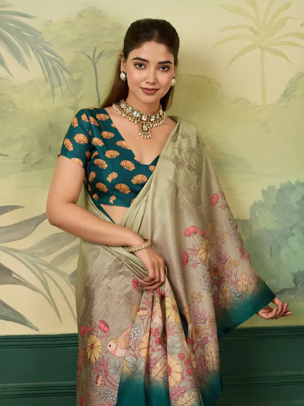 Beige_Heavy_Tussar_Silk_Floral_Bird_Print_Saree_For_Women