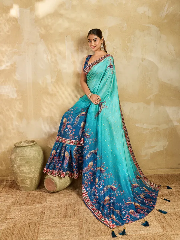 Teal_Jacquard_Butti_Floral_Peacock_Print_Saree_For_Women