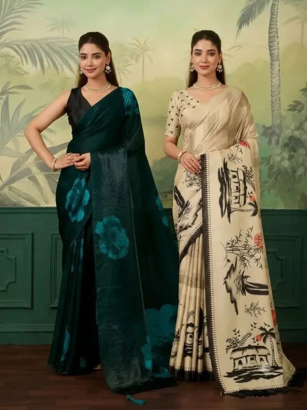 Teal_Green_And_Beige_Satin_Floral_Print_Saree_For_Women_Pack_Of_2