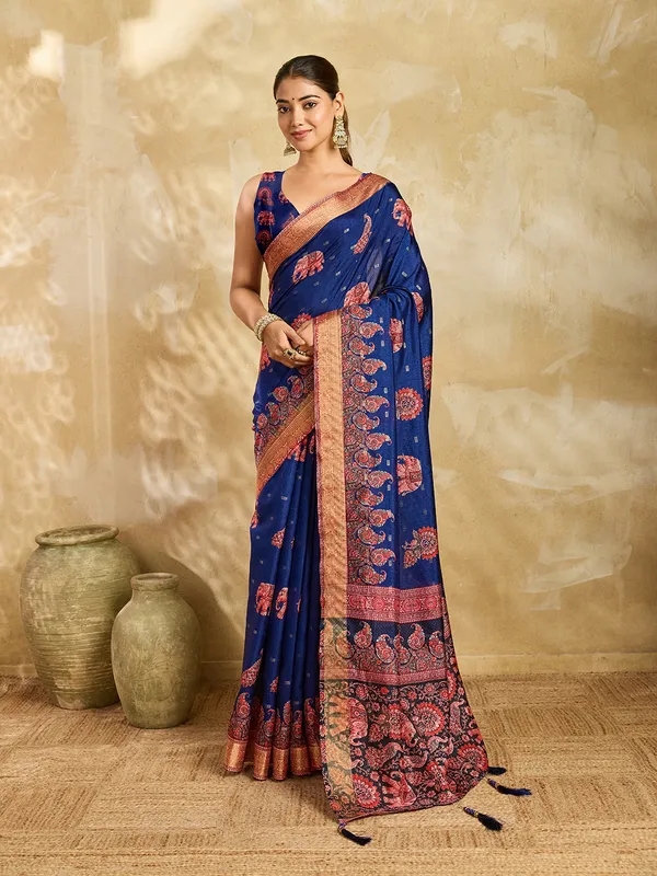 Blue_Jacquard_Butti_Floral_Paisley_Print_Saree_For_Women