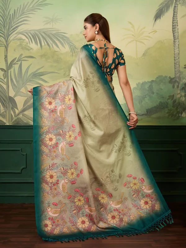 Beige_Heavy_Tussar_Silk_Floral_Bird_Print_Saree_For_Women