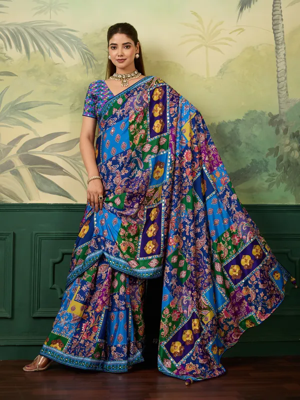 Blue_Chinon_Floral_Printed_Saree_With_Unstitched_Blouse_For_Women