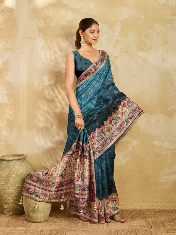 Teal_Blue_Brasso_Ethnic_Print_Saree_For_Women