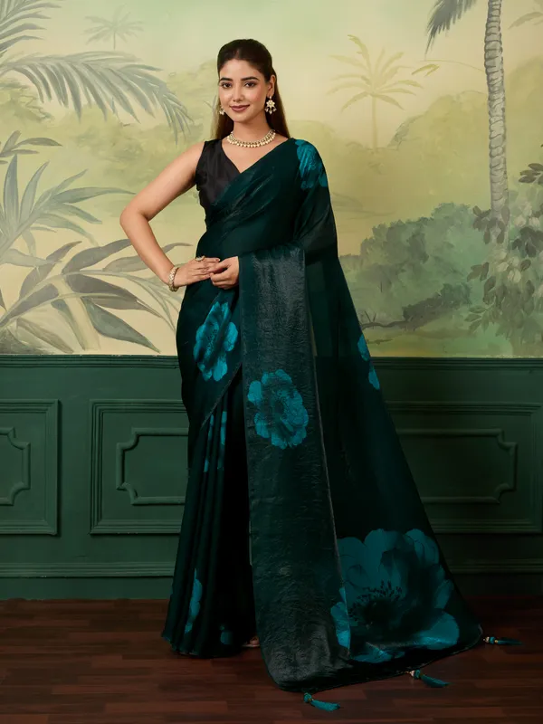 Teal_Green_Satin_Floral_Print_Saree_For_Women
